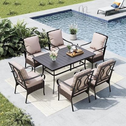 MFSTUDIO 7 Piece Outdoor Patio Dining Set for 6, 60'' Metal Rectangular Table and Wicker Chairs, All Weather Patio Furniture Table and Chairs Set, E-Coated Frame & Brown Wicker