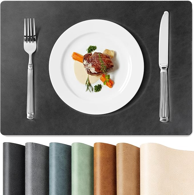 Roxifina Faux Leather Placemats Set of 4 - Vinyl Placemats Wipeable Waterproof Oil-Proof PU Place Mats Heat Resistant Reversible Table Mats for Dining, Kitchen, Outdoor, 12 x 17 Inch (Washed Black)
