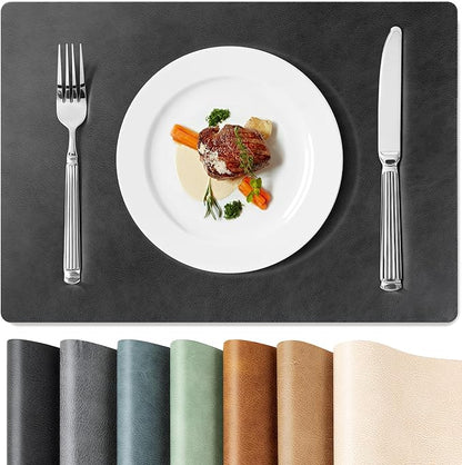 Roxifina Faux Leather Placemats Set of 6 - Vinyl Placemats Wipeable Waterproof Oil-Proof PU Place Mats Heat Resistant Reversible Table Mats for Dining, Kitchen, Outdoor, 12 x 17 Inch (Washed Black)