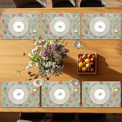 6 Pcs Placemats,Pink Flower Placemat,Vintage Floral Table Mats Washable Recyclable Table Placemats for Indoor Outdoor Heat Resistant Kitchen Dining 12"x18"