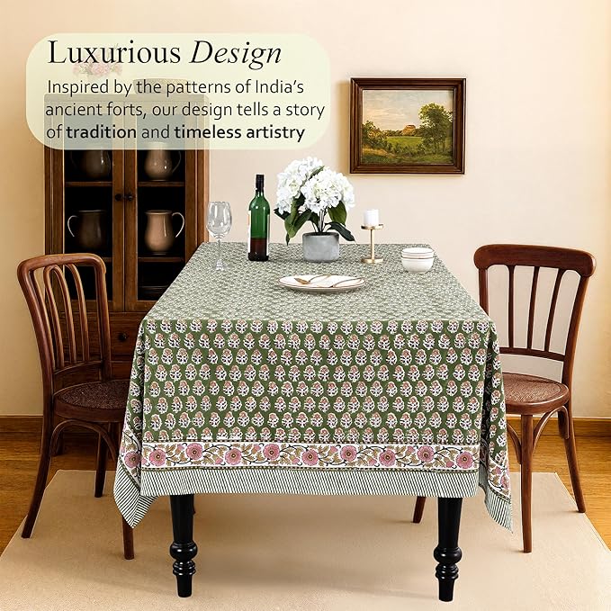 CPC Tablecloth 100% Cotton 72x140 Inch Indian Block Print Easter Rectangle Table Cover, Table Cloth for Weddings, Parties- Jade Green 12-Seater