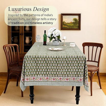 CPC Tablecloth 100% Cotton 60x90 Inch Indian Block Print Easter Rectangle Table Cover, Table Cloth for Weddings, Parties- Jade Green 6-Seater