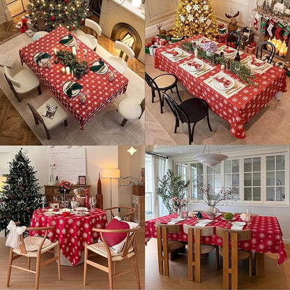 Christmas Red Tablecloth, Rectangle Table Cloh with Snowflake Decorations, Spillproof Cotton Linen Fabric Table Cover for Holiday, Winter, Party - 60''x108''