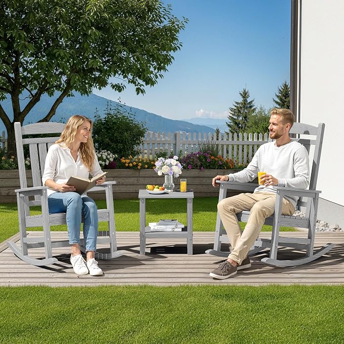 SERWALL Outdoor Rocking Chair Set of 2, Patio Rocking Chair, Light Gray | HDPE - Image 2