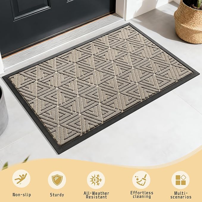 Yimobra Outdoor Mats for Front Door 29.5x17, Stops Mud & Dirt at Entrance, Fits Garage & Patio, All-Weather Waterproof Non Slip Outdoor Indoor Welcome Mat, Beige