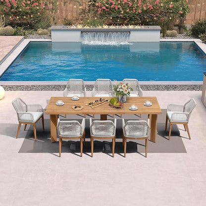 PURPLE LEAF 9 Pieces Patio Dining Set Aluminum Modern Rectangular Table and Rattan Arm Chairs with Cushions for Kitchen Porch Garden Outdoor Furniture Sets, Teak