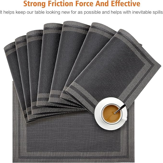 Placemats Set of 8,Washable, Vinyl Woven Non Slip Table Mats for Restaurant Table Protection, PVC Table Placemats (Black, 4PCS 12" Wx18 L)