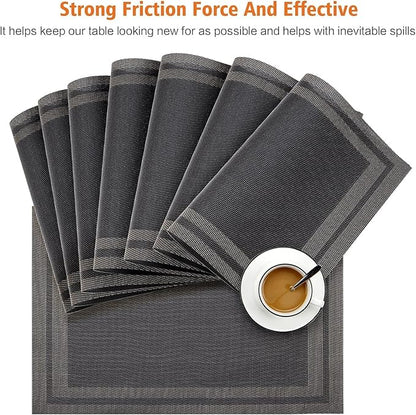 Placemats Set of 6,Washable,Heat and Stain Resistant Indoor/Outdoor Place mats,Vinyl Woven Non Slip Table Mats for Restaurant Table Protection,PVC Placemats(Black Gold,6PCS)