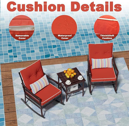 DECMICO 3-Piece Outdoor Rocking Chair Set, Wicker Bistro Furniture | Orange - Image 6