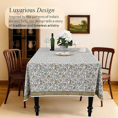CPC Tablecloth 100% Cotton 60x90 Inch Indian Block Print Rectangle Table Cover, Washable Table Cloth for Weddings, Spring/Summer, Barbeque - Harvest Bloom