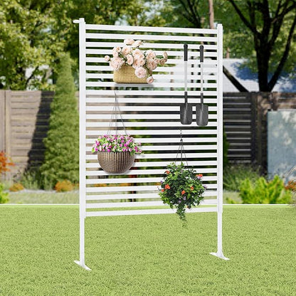 Outdoor Privacy Screen with Stand, Rustproof Metal Fence Panel, 35.43’’x 59.06’’ PE-Coated Steel Slats, Decorative Privacy Fence for Patio, Garden, Backyard, Trash Can, White(1 Panel)