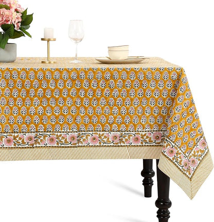 CPC Tablecloth 100% Cotton 60x90 Inch Indian Block Print Rectangle Table Cover, Washable Table Cloth for Weddings, Spring/Summer, Barbeque -Yellow Citrine