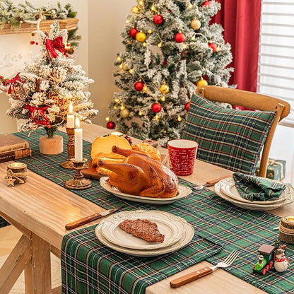 Green Blue Plaid Christmas Table Runner, Winter Holiday Table Runners 108 inches Long, Xmas Decorations Indoor Outdoor Farmhouse Home Kitchen Dining Party Decor