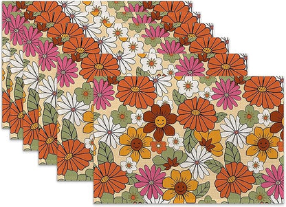 Retro 70s Groovy Flowers Placemats for Dining Table Set of 6,Hippie Daisy Place Mats for Home Party Kitchen Indoor Holiday Rustic Washable Heat Resistant Table Mats 12 x 18 Inch