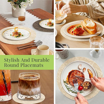 13-Inch Faux Leather Round Placemats Set of 4, Waterproof Anti-Slip Dual Sided Place mats, Heat Resistant Washable Table Mats with Coaster, Suitable for Indoor & Outdoor(4, Beige Dark Coffee)