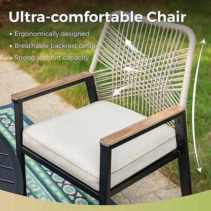 Patio Wicker Chair Sets of 6, Outdoor Dining Chairs with 3.1 inch Seat Cushions, Sturdy Metal Frame & Wood Grain Armrest, Beige