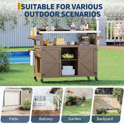Garvee Outdoor Grill Cart with Storage, Outdoor Bar Cart Rolling BBQ Movable Pizza Oven Table Stand, Kitchen Island Carts with Stainless Steel Top, Spice Rack, Towel Rack & Storage Cabinet, Coffee
