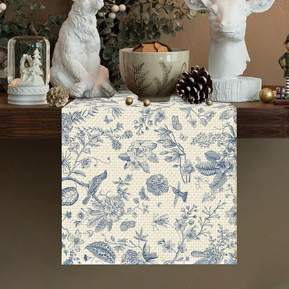 Blue Flower Burlap Table Runner Seasonal Spring Fall Kitchen Dining Linen Table Decoration for Indoor Outdoor Home Party Dinner 13x72 Inch