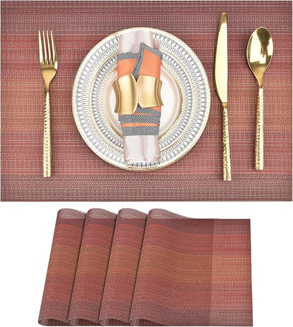 SLKQG Red Placemats Set of 4 - Easy Clean Washable Vinyl Placemats - Wipeable Heat Resistant Table Mats for Dining Table - 17.7x11.8 Inch (4, Red Gradient)