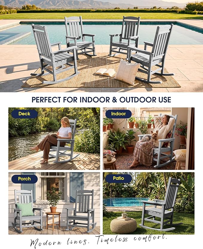 Oversized Outdoor Rocking Chair Set of 2, Porch Rockers, Light Gray | - Image 9