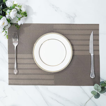 fanquare Vinyl Woven Placemats Set of 6 Classic Stylish Brown Patchwork Striped PVC Placemat for Dining Table Washable Non-Slip Waterproof Table Mats