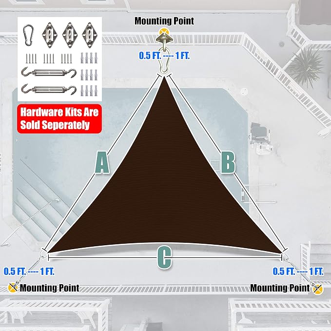 Amgo Custom Size 7' x 7' x 7' Brown Triangle Sun Shade Sail UPF50+ AGTAPT10 - Image 6