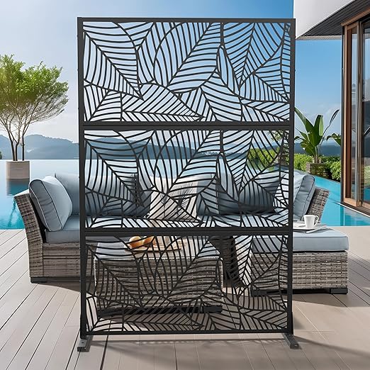 Casaphoria 72" H x 47" W Metal Outdoor Privacy Screen, Freestanding Decorative Divider for Patio, Deck, Balcony, and Garden with Stable Base, Black Bamboo Leaves