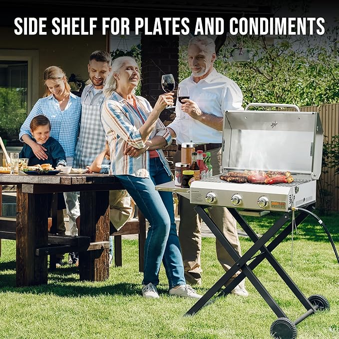 BBQ Gas Grill 3-Burner with Foldable Cart & Side Table, Portable Propane Grill with Lid for Outdoor Patio Backyard Barbecue Camping Tailgating RV Trip, Stainless Steel, GS308