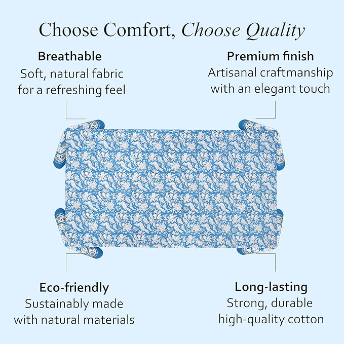 CPC Tablecloth 100% Cotton 70x140 Inch Indian Block Print Rectangle Table Cover, Washable Table Cloth for Weddings, Spring/Summer, Barbeque - Blue Sapphire