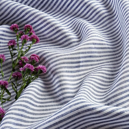 Solino Home Linen Table Runner 120 Inches Long - Narrow Stripe, 100% Pure Linen Navy and White Farmhouse Table Runner 14 x 120 Inch for Dining, Spring, Easter