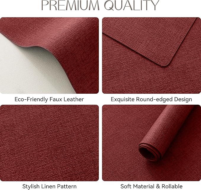 Romanstile Vinyl Placemats Set of 8-12 X 17 Inch - Heat Resistant Place Mats 100% Waterproof Oilproof Wipeable Reversible Faux Leather Table Mats for Kitchen, Dining, Party, Outdoor, Red
