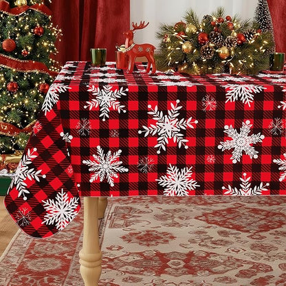 misaya Rectangle Waterproof Vinyl Table Cloth, Wipeable Tablecloth with Flannel Backing, Plastic Table Cover for Dinner, Christmas Party (Red & Black, 60" x 102")