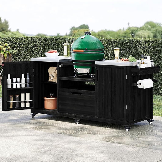 Merax 66.5" Outdoor Grill Table for Big Green Egg, Farmhouse Kitchen Island on Wheels with Stainless Steel Tabletop, Drawer and Spice Rack, Solid Wood Outdoor Storage Cabinet for Backyard, Black