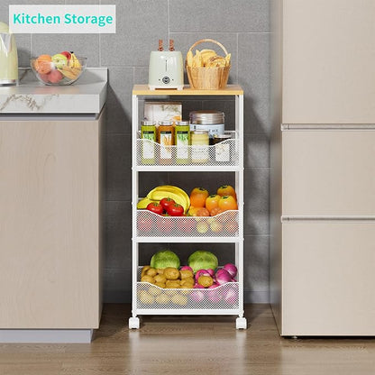 HapiRm Fruit Basket Kitchen Cart - 4-Tier Rolling Storage Cart with Wheels, Wood Top Utility Pantry Cart for Vegetables, Potatoes, Onions, Bread, Snacks