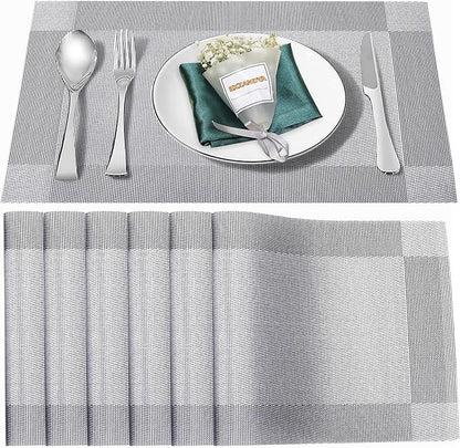 Placemats Set of 6,Washable,Heat and Stain Resistant Indoor/Outdoor Place mats,Vinyl Woven Non Slip Table Mats for Restaurant Table Protection,PVC Placemats(Silver, 6PCS)
