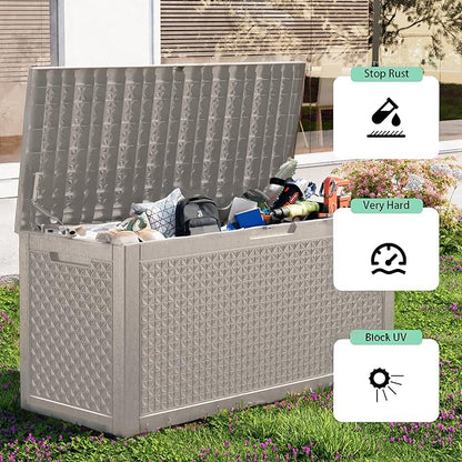 New 100 Gallon Outdoor Storage Box, Resin Deck Boxes Waterproof, Indoor Outdoor Bin for Package Delivery, Patio Cushions, Gardening Tools, Lockable, UV Resistant