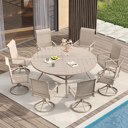VICLLAX Round Patio Table with Adjustable Umbrella Hole for 8, All Weather Metal Outdoor Dining Table for Lawn Garden, 59.8" Outdoor Coffee Table, Cream Color Frame