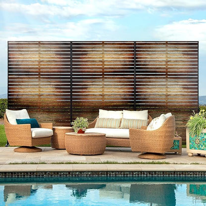 FENCY Metal Outdoor Privacy Screen 72" H×47" W Vintage Wood Color Patio Privacy Screen, Freestanding Decorative for Deck Balcony Patio
