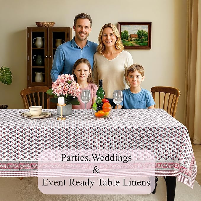CPC Tablecloth 100% Cotton 72x140 Inch Indian Block Print Rectangle Table Cover, Pink Table Cloth for Weddings, Spring/Summer, Barbeque - Pink Sapphire