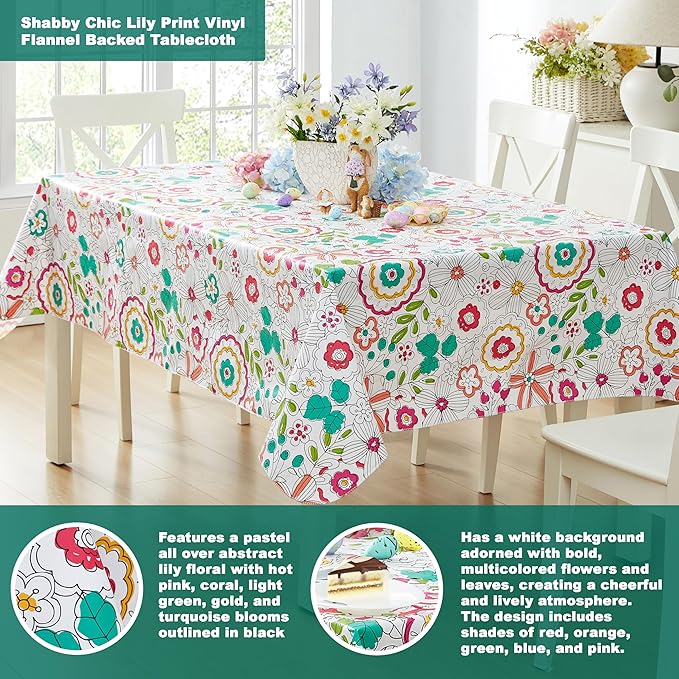 Newbridge Shabby Chic Lily Print 52 x 70 Inch Rectangle Vinyl Flannel Backed Tablecloth, Pink Yellow and Green Lily Indoor and Outdoor Waterproof Vinyl Table Cover for Spring Holiday Party