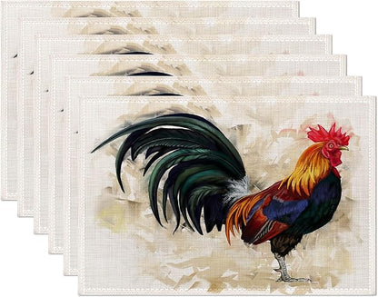Hand-Painted Rooster Art Placemats Set of 6,Waterproof Non-Slip Washable Table Mats Set for Kitchen Dining Holiday Party Wedding Decor 12x18 Inch