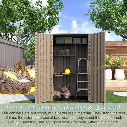 Sheds & Outdoor Storage, 52 Cu.ft Vertical Storage with Floor, Cabinet Waterproof for Garage Pool Bike Shed, Garden , Coffee Brown