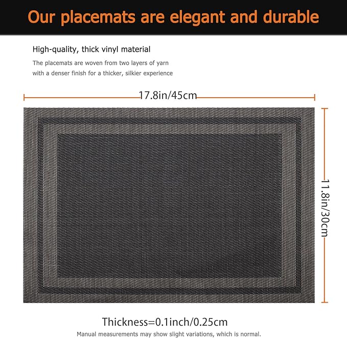 Placemats Set of 12 Washable&Wipeable Place mats for Dining Table Kitchen Indoor Outdoor Table Mats Heat Resistant Non Slip Woven Vinyl Table Placemats (Black，12PCS)