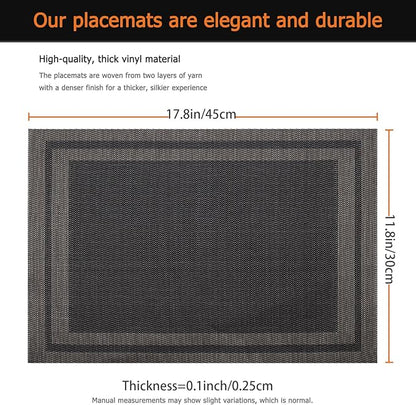Placemats Set of 12 Washable&Wipeable Place mats for Dining Table Kitchen Indoor Outdoor Table Mats Heat Resistant Non Slip Woven Vinyl Table Placemats (Black，12PCS)