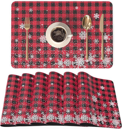 QIYI Christmas Placemats Set of 6, 12x18 Inch Faux Leather Place Mats for Kitchen Dinning, Heat Resistant Non Slip Winter Table Mats, Waterproof Wipeable Placemat Party Décor, Buffalo Plaid Snowflakes