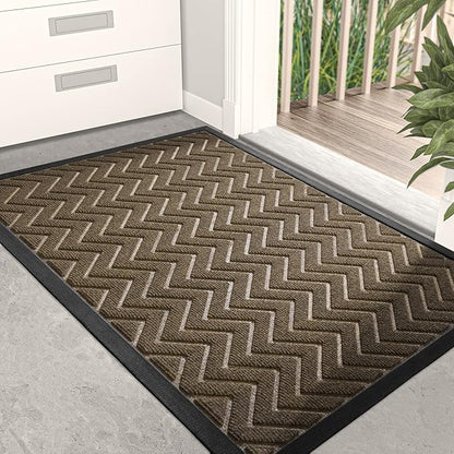 DEXI Front Door Mat Outside Entrance, 17x29 Rubber Entry Doormat Heavy Duty, Welcome Mats Non Slip for Inside House Floor Entryway Back Doors Exterior Patio, Chevron Brown