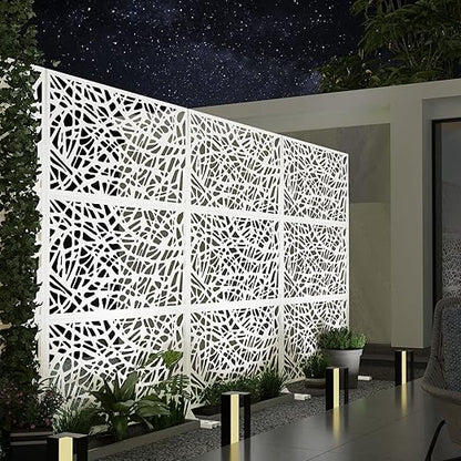 Casaphoria Metal Privacy Screen Outdoor, 72" H x 47" W Freestanding Decorative Privacy Screen for Patio Deck Balcony Garden with Stable Base, White-Net