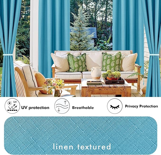 Linen Outdoor Curtains for Patio Waterproof 4 Pcs 54x84 In Teal | Light - Image 3