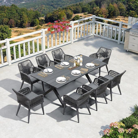 PURPLE LEAF 9 Pieces Outdoor Patio Dining Set All-Weather Aluminum Frame PE Rattan Outdoor Patio Furniture Set Rectangular Table and Chairs Set for 8 People Lawn Garden Backyard Deck, Grey