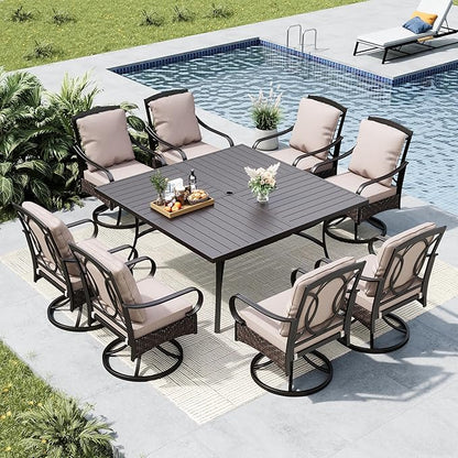 MFSTUDIO 9 Pieces Patio Dining Set, Cushioned Chairs and Metal Square Dining Table for 8, Patio Dining Sets with Swivel Chairs, Large All Weather 8 Person Dining Furniture for Deck, Backyard